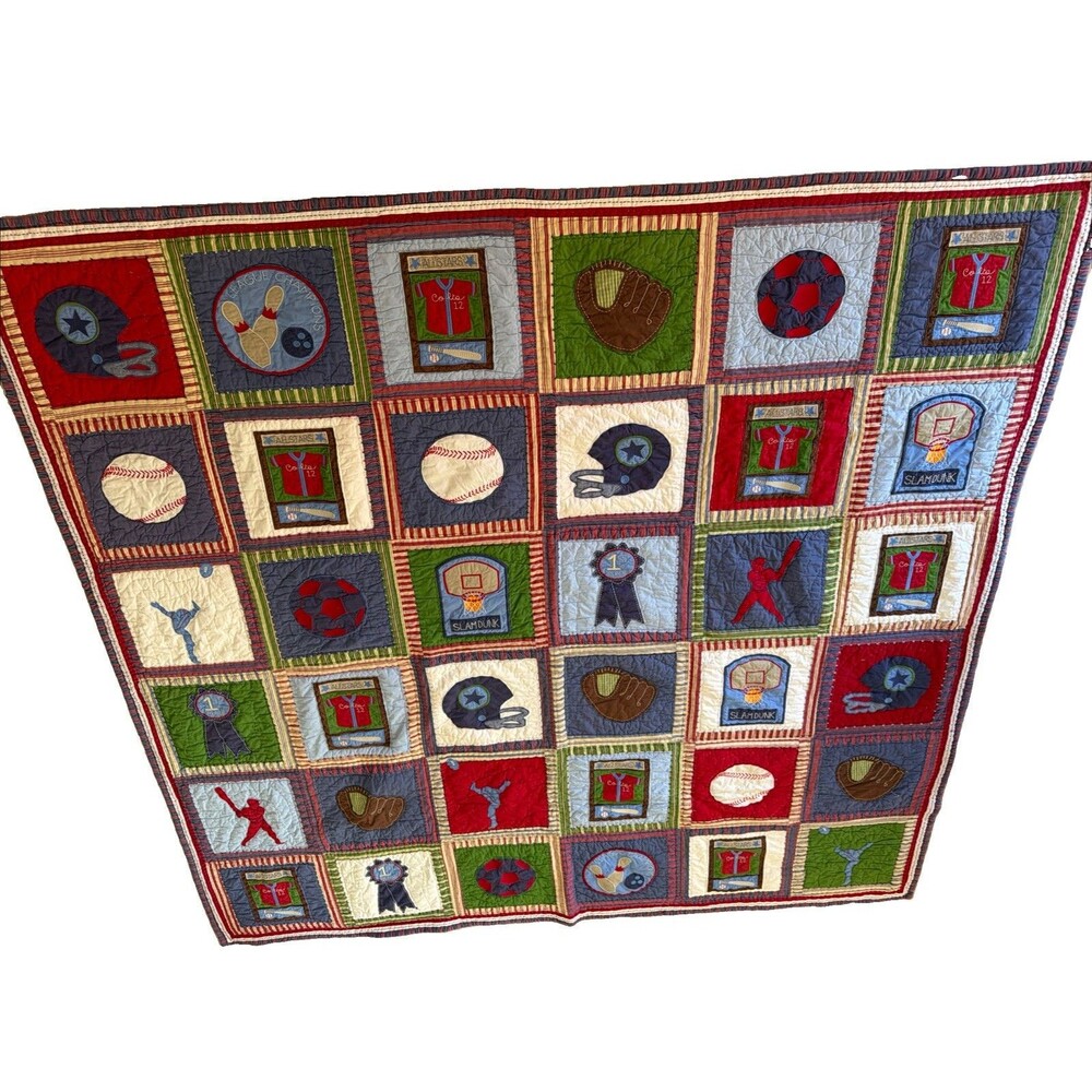 Vintage EUC Pottery Barn Kids Sports PatchworkQuilt Full Queen 83x86 All Star